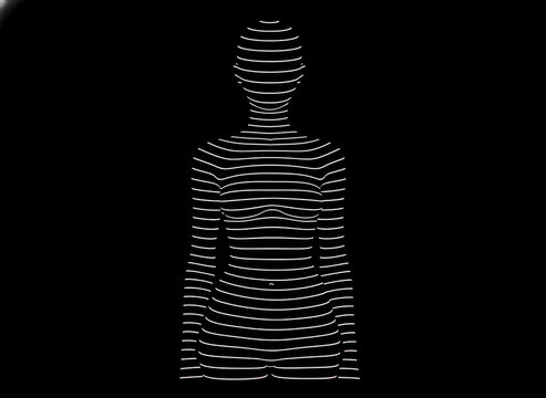 Abstract Silhouette of a Female Body Formed by White Horizontal Lines on a Black Background, concept of digital identity and human essence