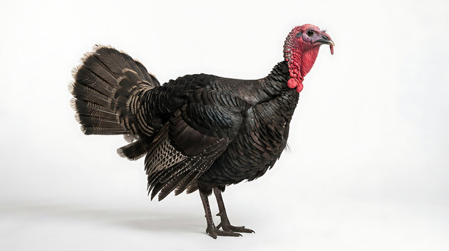 A full body side view of a large black domestic turkey standing against a plain white background