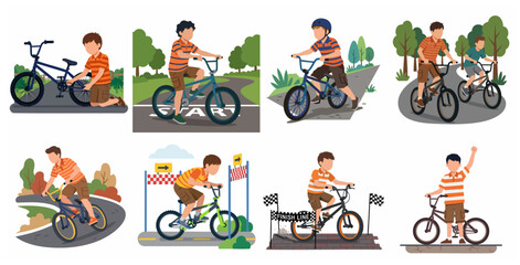 Set of Boy Riding Bicycle in Various Racing and Leisure Activities Vector Illustration