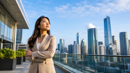 Fototapeta premium Confident professional woman in a blazer stands on a rooftop terrace overlooking a modern city skyline at golden hour