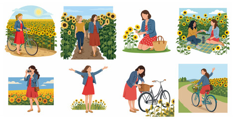 Fototapeta premium Illustration of young women enjoying activities in a sunflower field, including cycling, walking, picnicking, and photography in a flat vector style.
