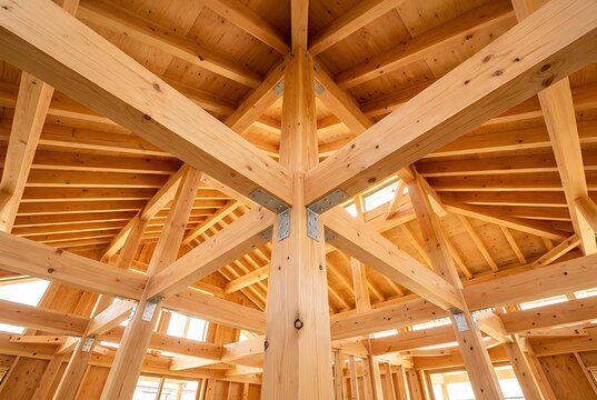 Pine wood rafters and beams support modern wooden roof structure showcasing intricate geometric design with skylights and natural wood textures.
