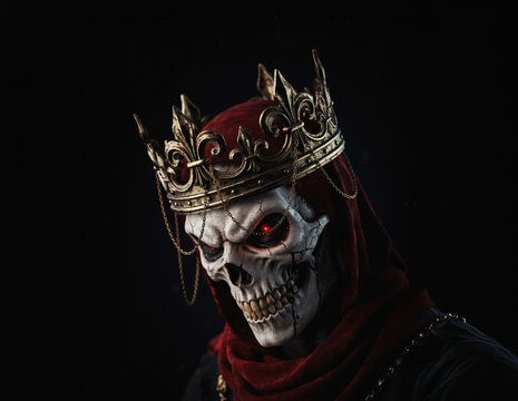 Dark gothic skull king wearing ornate golden crown. Red eyes, gold chains, red hooded cloak. Halloween horror fantasy art character design, heavy metal album cover. Dark fantasy spooky posters, gaming