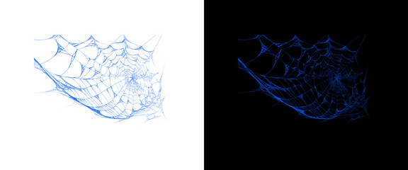Glow-in-the-dark spider web illustration set, spooky blue spiderweb vector graphics on black and white backgrounds, Halloween design elements © Transparent Studio