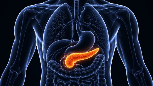 3D anatomical illustration of human pancreas highlighted within the abdominal digestive system