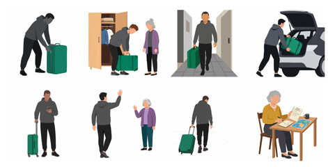 Set of flat vector illustrations of a man and an elderly woman preparing for travel, packing suitcases, loading luggage into a car, checking a map, and saying goodbye.