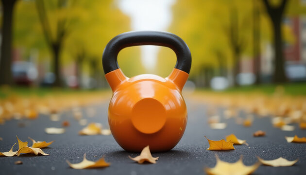 Orange kettlebell on leaf-covered path during autumn in vibrant outdoor park for fitness training and exercise inspiration