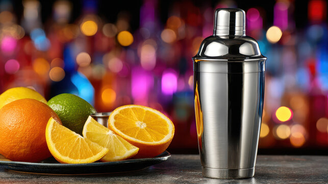 Cocktail preparation scene with stainless steel shaker and jigger beside sliced oranges and limes on a counter for bartending menu shots, mixology training, beverage recipe guides and menu design