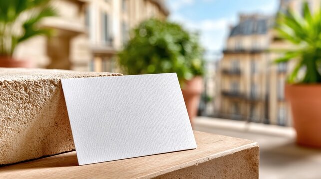 Blank a6 card mockup leaning on stone step with balcony bokeh for invitation template preview, greeting stationery branding, wedding suite presentation and event announcement