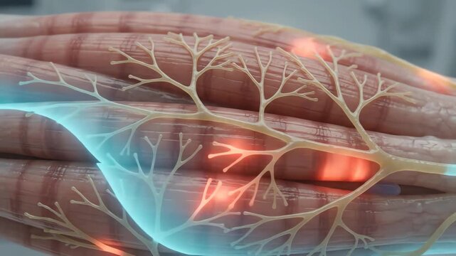 Muscle fibers connected to nearby sensory nerve endings, warm red pain signals slowly traveling from the muscle tissue toward the nerve endings, after painkiller activation a smooth cool blue wave 
