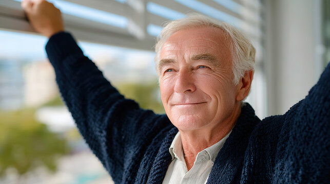 Close up of elderly man stretching arms at home window with gentle sunlight for morning wellness routine and content wellbeing in a bright comfortable living space