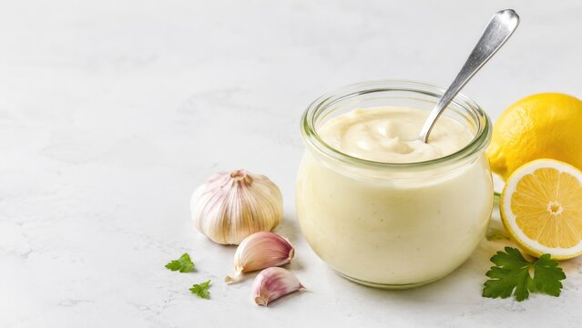 Creamy homemade garlic aioli in a glass jar with spoon, surrounded by garlic cloves, a lemon half and parsley on a light marble surface
