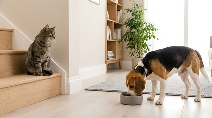 Fototapeta na wymiar Cat sits on wooden stairs watching beagle dog eat from bowl in bright modern interior home with plant.