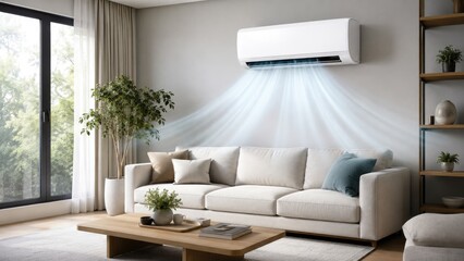 Naklejka na ściany i meble Wall-mounted split air conditioner blowing cool air over a modern living room with a beige sofa, coffee table, plants and a large window