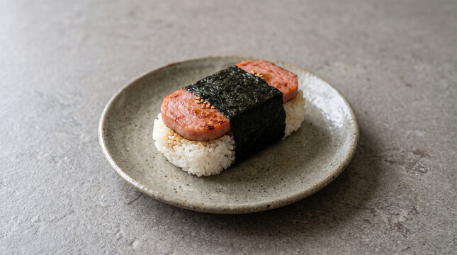 Okinawan spam musubi rice ball wrapped in seaweed on ceramic plate