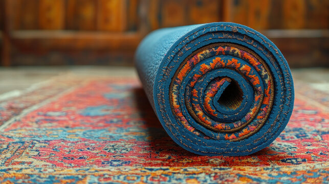 Rolled Yoga Mat on Traditional Persian Rug, Close-up Detail, Home Fitness and Wellness