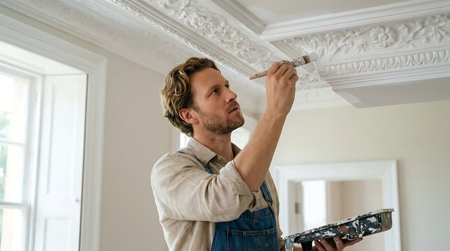Man in overalls carefully paints ornate white ceiling molding with brush holding paint tray in bright room.
