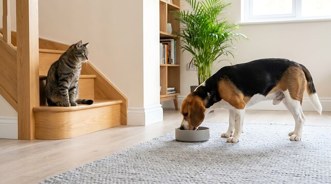 Cat watches beagle dog eat from bowl inside a modern home on rug next to stairs and bookshelf with palm plant.