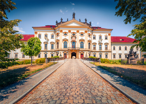 Attractive summer view of Hradisko Monastery (Klaster Hradisko). Majestic afternoon cityscape of Olomouc town, eastern province of Moravia, Czech Republic, Europe. Traveling concept background.