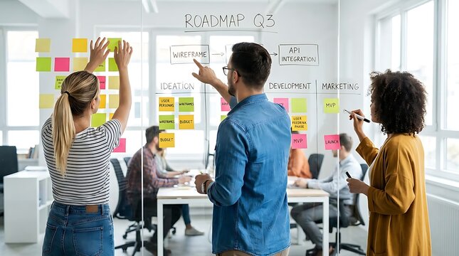 Team collaborates on roadmap Q3 glass wall wireframe API integration development marketing strategy startup business meeting with sticky notes.