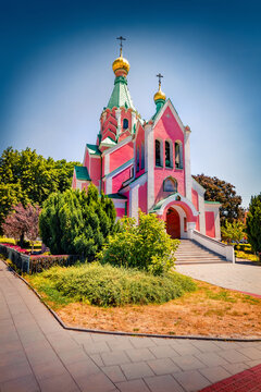 Vertical view of Orthodox Church of St. Gorazd. Colorful summer cityscape of Olomouc town, eastern province of Moravia, Czech Republic, Europe. Traveling concept background.
