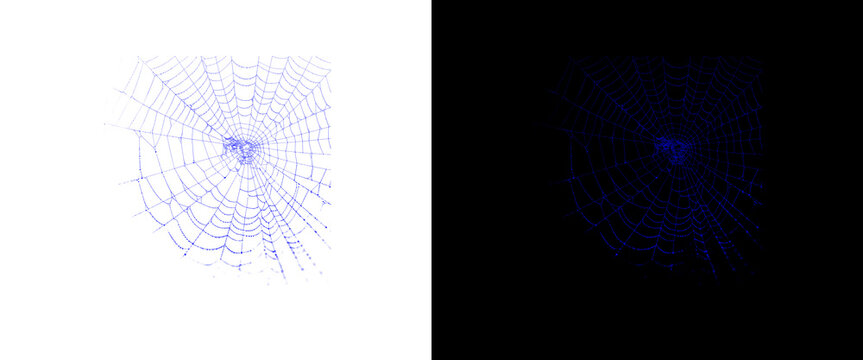 Glow in the dark spider web illustration, neon blue spiderweb graphic, spooky Halloween design element on black and white backgrounds