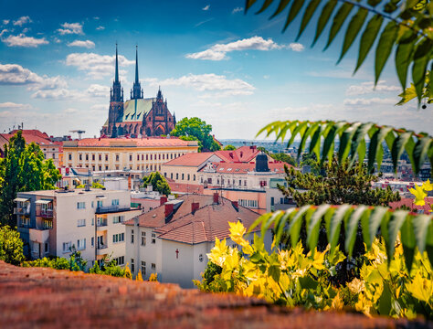 Majestic summer view of Cathedral of St. Peter and Paul Church - Gothic Catholic cathedral with a Baroque interior. Colorful morning cityscape of Brno town, Czech Republic, Europe. 