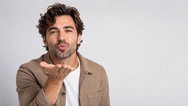Portrait of a man blowing a kiss with puckered lips and a warm, friendly expression against a light studio background