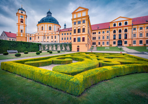 Astonishing morning view of Castle Jaromerice nad Rokytnou with green meadow and empty tourist path. Wonderful summer cityscape of Jaromerice nad Rokytnou town, Czech Republic, Europe. 