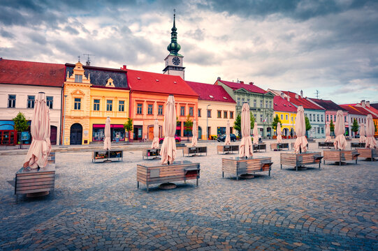 Picturesque morning view of empty Charles' Square with spire of City Tower on background. Superb summer cityscape of Trebic town, Vysocina Region, Czech Republic, Europe. Traveling concept background.