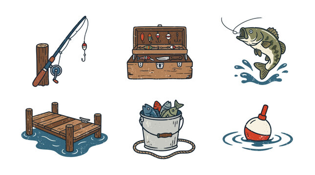 Vintage Style Fishing Icons Set for National Fishing Day Featuring Rod Tackle Box Bass Jumping Dock Bucket and Bobber