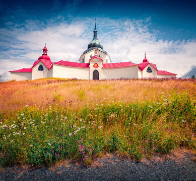 Sunny summer view of Pilgrimage church of St. John of Nepomuk at Zelena hora - 18th-century Baroque-Gothic church and World Heritage site with an ornate altar and outer chapels, Czech Republic. 