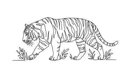 Obraz premium Majestic Tiger Walking Head Down Wildlife Conservation One Line Vector