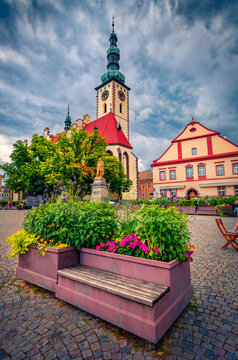 Vertical morning view of Catholic Church of the Transfiguration on Mount Tabor. Exciting summer cityscape of Tabor town, South Bohemian Region, Czech Republic, Europe. Traveling concept background.