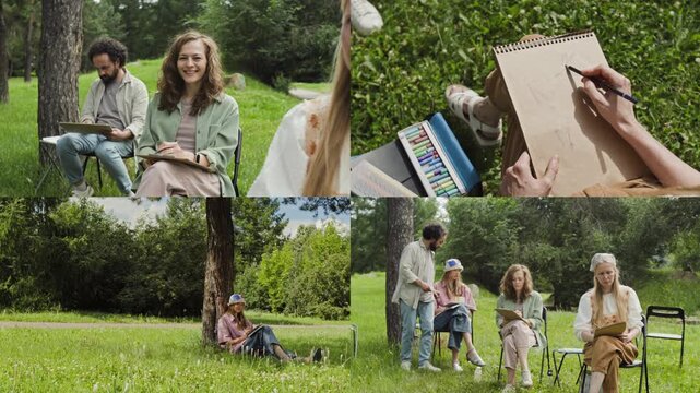 Young adults sketching during outdoor art class in park, shown in split screen. Footage is ideal for marketing creative workshops, art schools, and community education programs