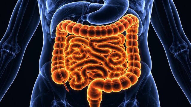 Detailed 3D illustration of human colon and intestinal digestive system anatomy