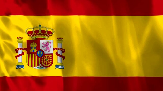 A close up view of the official national flag of Spain with silk fabric texture and gentle waves