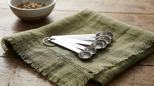 Metal measuring spoons on green linen kitchen towel.