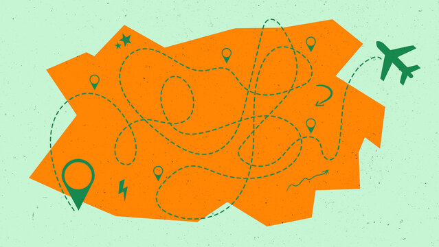 Travel map with routes, icons, and airplane in the design for exploring new places