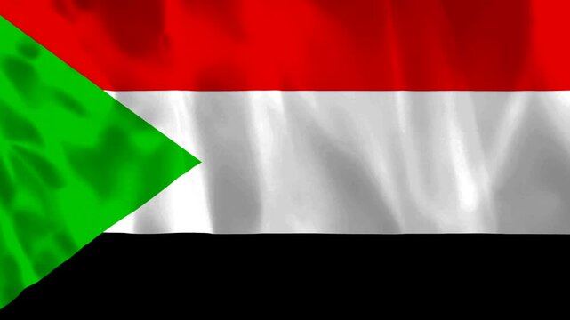 Waving flag of Sudan featuring red white black horizontal stripes and green triangle