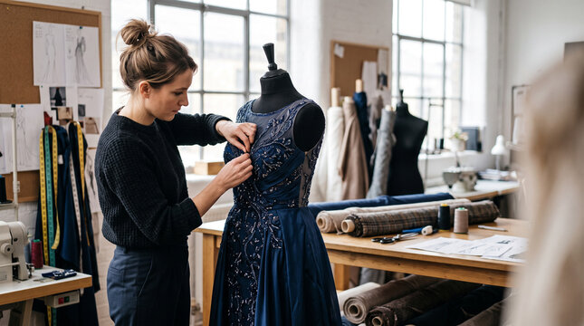 Fashion designer adjusts luxury garment on dress form in modern design studio, showcasing couture craftsmanship, garment development, textile design and creative fashion production with copy space.