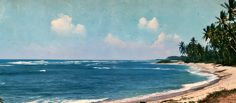 A vintage postcard showing a beautiful tropical beach with turquoise waters and palm trees, ideal for adding as an image backdrop in design projects that require text-free space