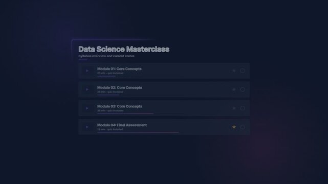 Data science masterclass interface with interactive course module list display