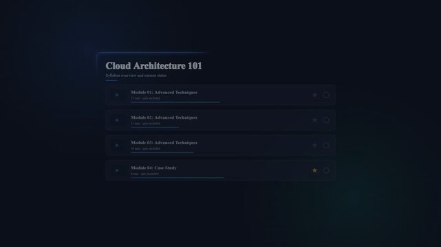 Cloud architecture 101 digital interface with interactive course modules list