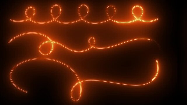 Fiery glowing orange continuous line art curved swirls and divider lines loop dark background