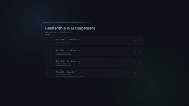 Leadership and management online course interface with digital module list