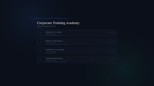 Corporate training academy interface with digital course modules and progress