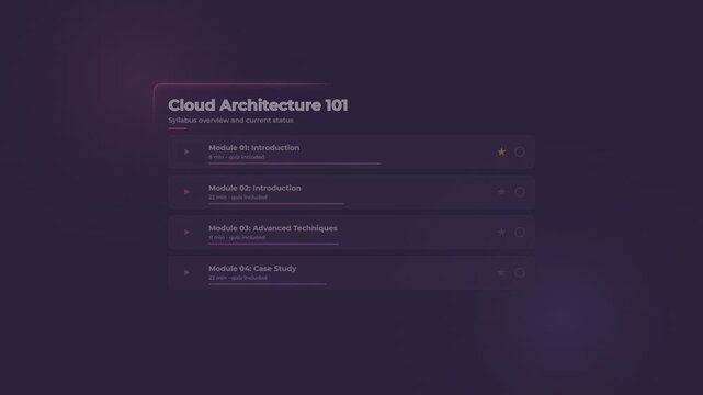 Cloud architecture course syllabus interface with interactive module list