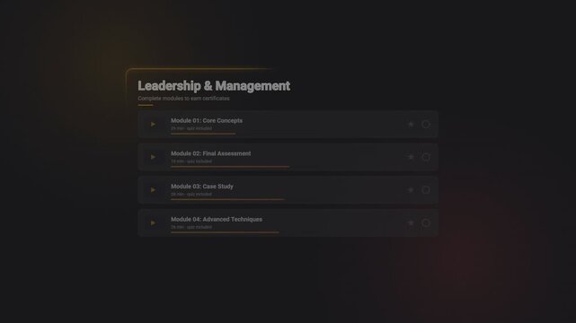 Leadership and management online course interface with modular lesson progress