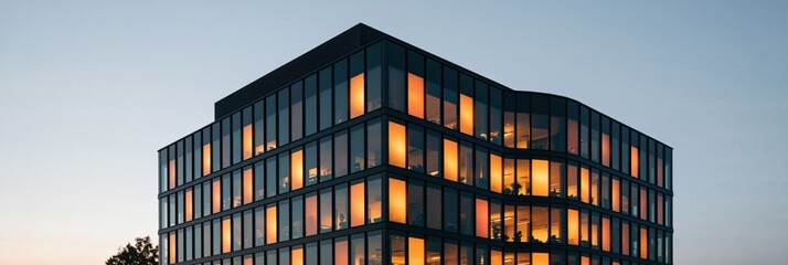 Fototapeta premium Contemporary multi story glass office building at dusk with warm interior lighting for architectural wallpaper and design background